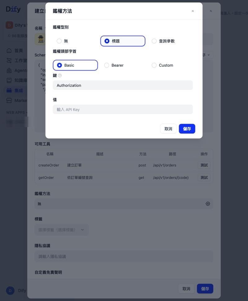 鑑權方法對話框，選了標題後，頭部字首預設 Basic