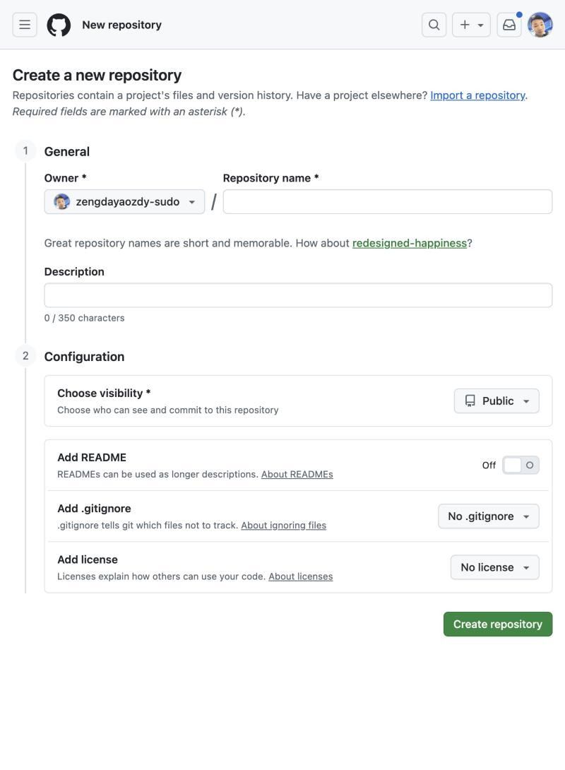 GitHub 建立新 Repository 的空白表單
