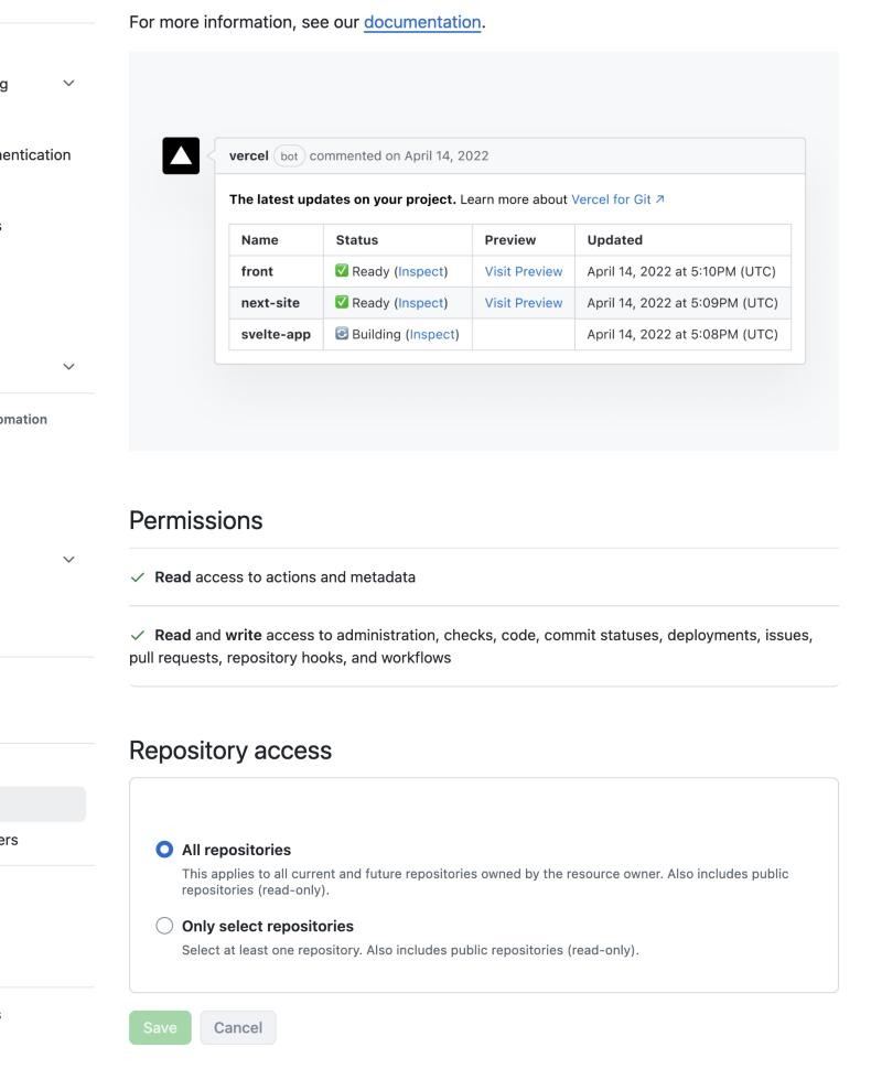 GitHub 設定 > Applications > Vercel：Repository access 目前選 All repositories