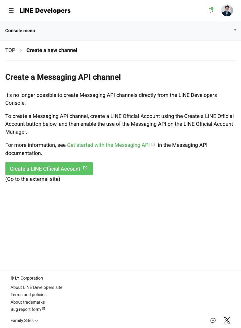 說明已無法從 LINE Developers 直接建立 Messaging API channel