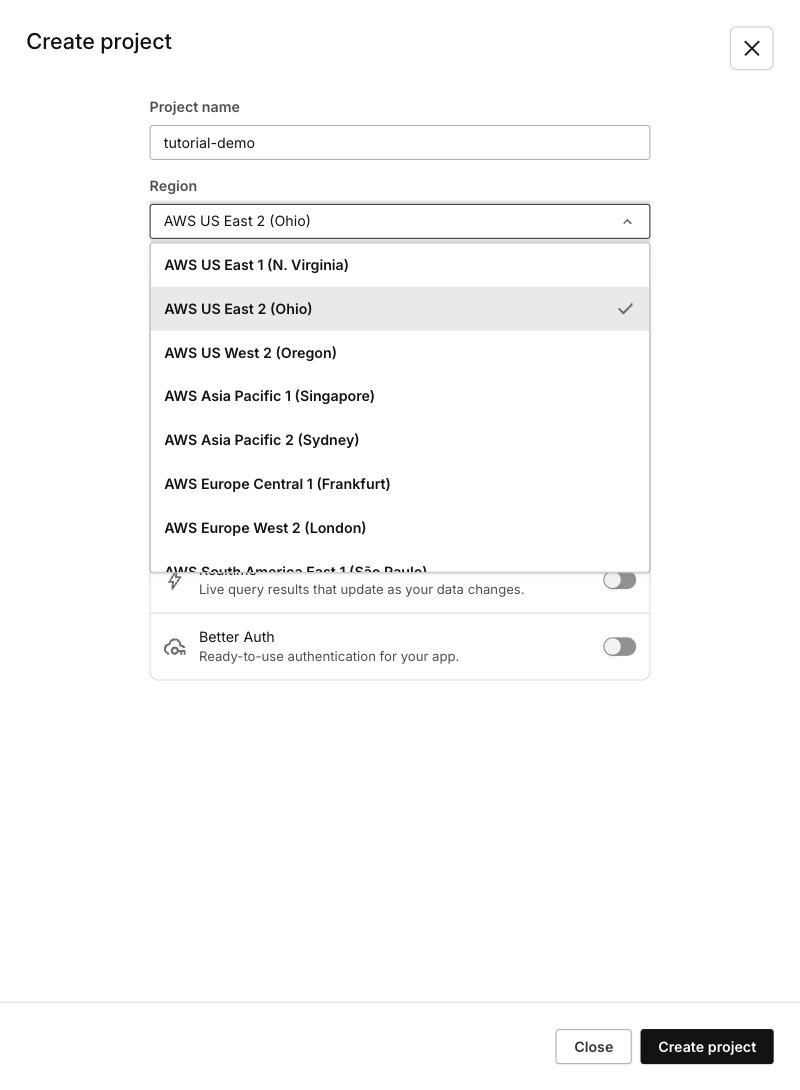 Region 下拉選單，預設 AWS US East 2 (Ohio)