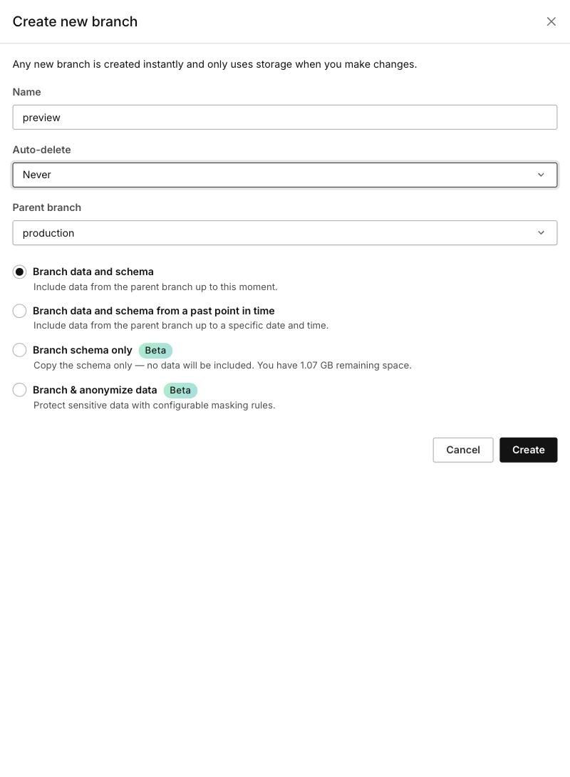 Name preview、Auto-delete Never、Parent branch production、Branch data and schema