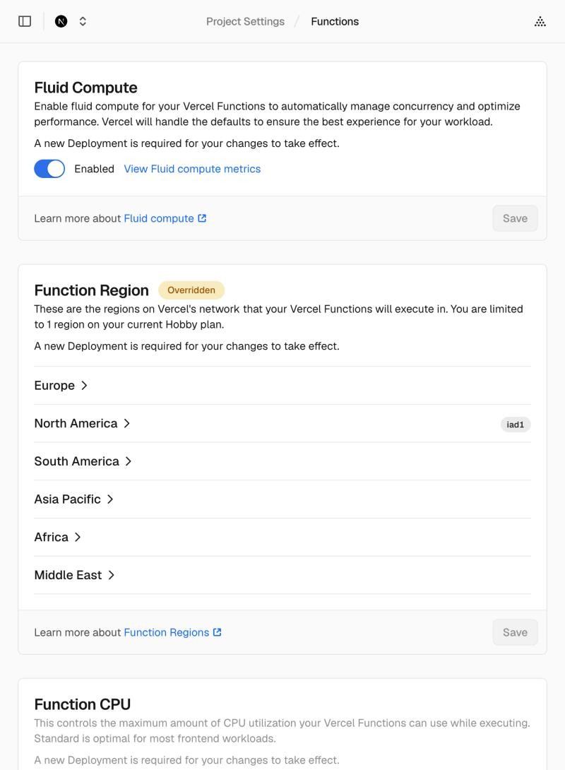 Functions 設定頁，Function Region