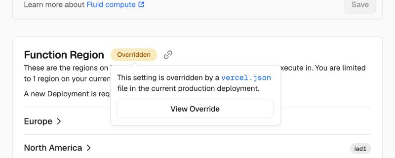 滑鼠移到 Overridden：此設定被 vercel.json 覆寫