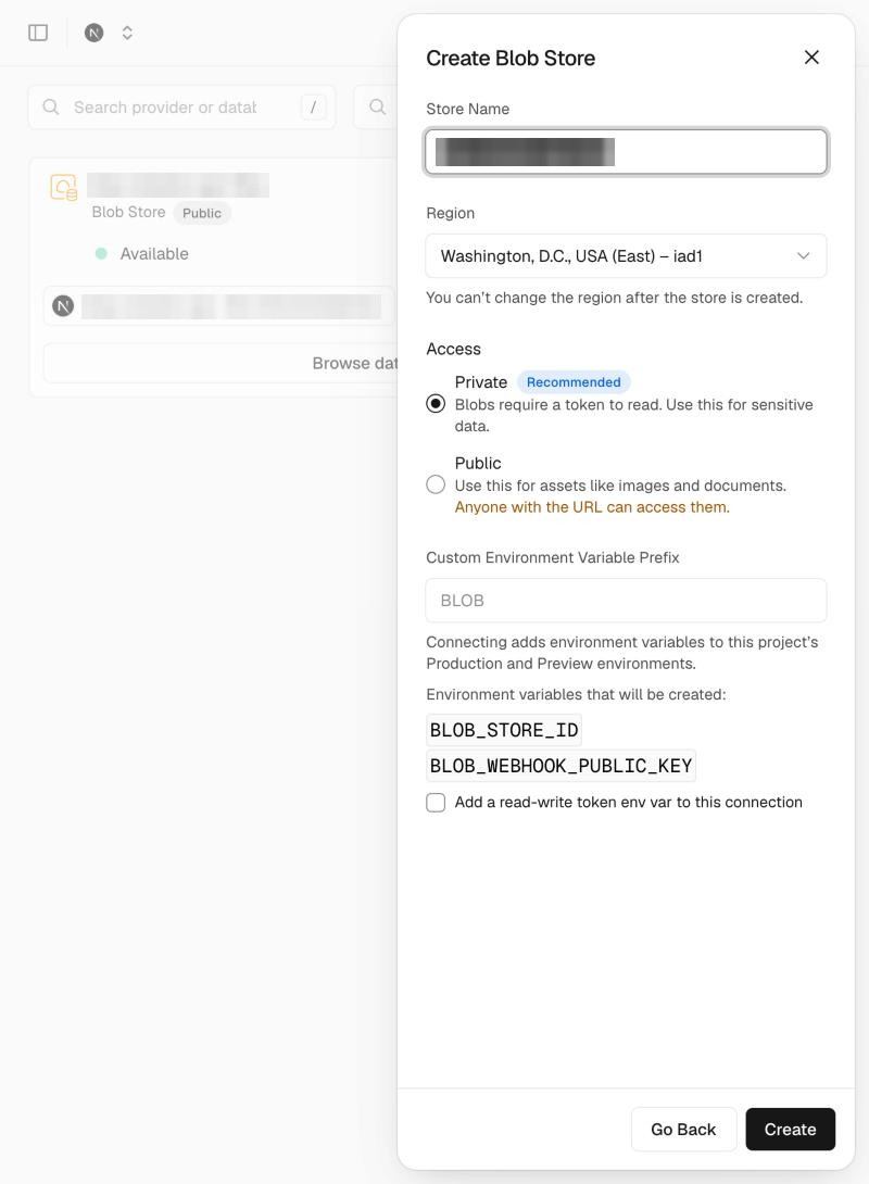 Create Blob Store：Region 預設 iad1