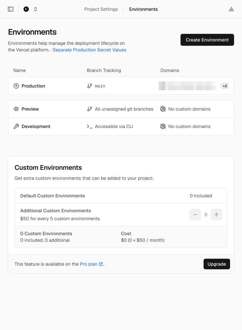Environments：Production 追蹤 main，Preview 追蹤其他分支，Development 透過 CLI