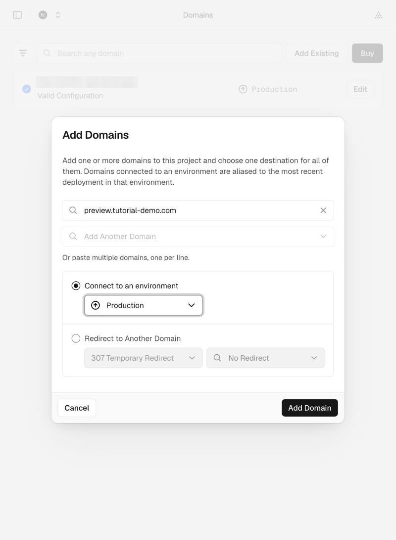 Add Domains：輸入 preview 網域，Connect to an environment